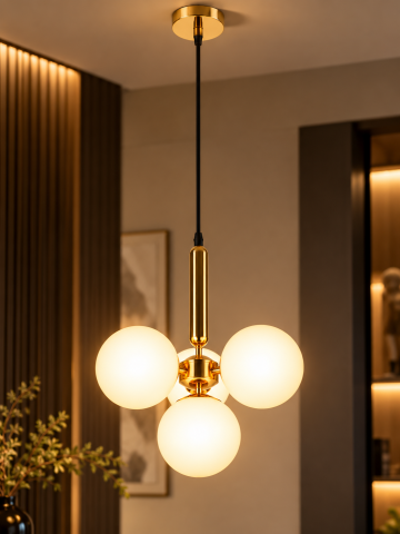Lustre si pendule - Lustra tip pendul, AVI®, 4 globuri Ø13 cm, 4 x E27, reglabila pe inaltime, auriu, design compact decorativ, AVI-5620