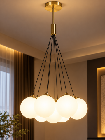 Lustre si pendule - Lustra tip pendul, AVI®, 7 globuri Ø13 cm, 7 x E27, reglabila pe inaltime, schelet auriu, AVI-5581