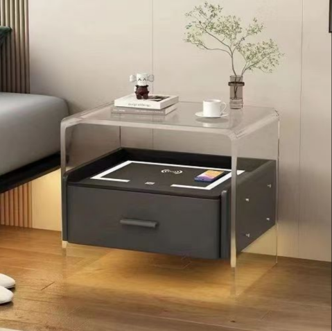 Noptiere - Noptieră smart cu cadru plexiglas 10mm, blat sticlă securizată cu încărcare wireless și iluminare ambientală, 42 x 40 x 43.5 cm, AVI-5222