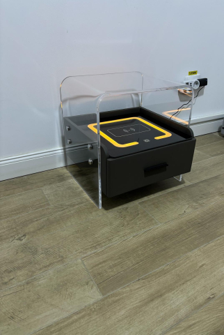 Noptieră smart cu cadru plexiglas 10mm, blat sticlă securizată cu încărcare wireless și iluminare ambientală, 42 x 40 x 43.5 cm, AVI-5222 [1]