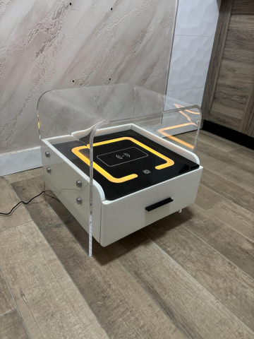 Noptiere - Noptieră smart cu cadru plexiglas 10mm, blat sticlă securizată cu încărcare wireless și iluminare ambientală, 42 x 40 x 43.5 cm, AVI-5222