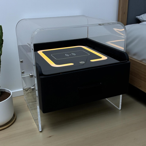 Noptieră smart cu cadru plexiglas 10mm, blat sticlă securizată cu încărcare wireless și iluminare ambientală, 42 x 40 x 43.5 cm, AVI-5222 [8]