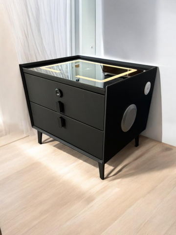 Noptiere - Noptiera Smart cu Iluminare LED, Încărcare Wireless, 2 boxe Bluetooth și securizare sertar cu amprenta, 50 x 40cm, H 45cm, AVI-4875