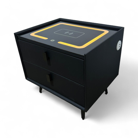 Noptiere - Noptieră smart cu încărcare wireless, porturi USB, blat din sticlă securizată și 2 sertare, tapițată cu piele ecologică, 50 x 40 x 40.5 cm, AVI-5217