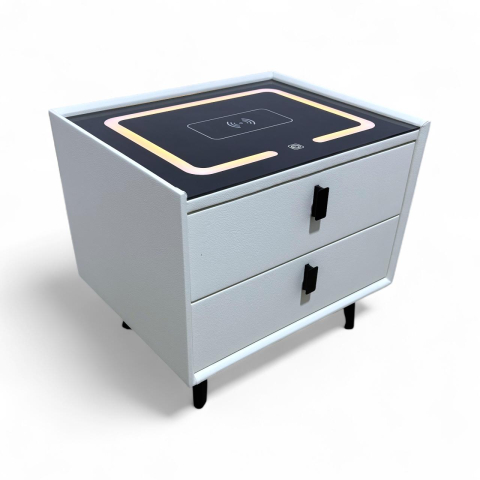 Noptiere - Noptieră smart cu încărcare wireless, porturi USB, blat din sticlă securizată și 2 sertare, tapițată cu piele ecologică, 50 x 40 x 40.5 cm, AVI-5217