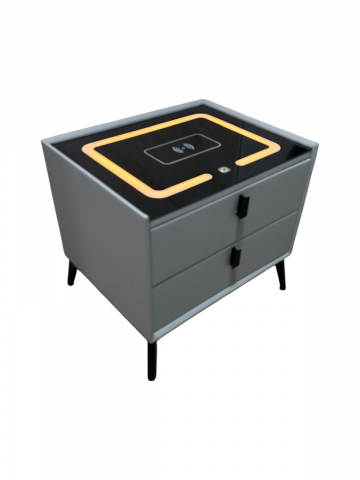 Noptiere - Noptieră smart cu încărcare wireless, porturi USB, blat din sticlă securizată și 2 sertare, tapițată cu piele ecologică, 50 x 40 x 40.5 cm, AVI-5217