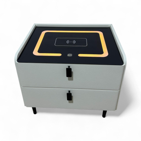 Noptieră smart cu încărcare wireless, porturi USB, blat din sticlă securizată și 2 sertare, tapițată cu piele ecologică, 50 x 40 x 40.5 cm, alb, AVI-5220 [2]