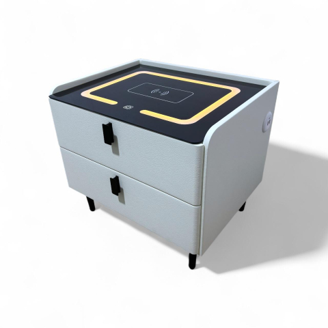 Noptiere - Noptieră smart cu încărcare wireless, porturi USB, blat din sticlă securizată și 2 sertare, tapițată cu piele ecologică, 50 x 40 x 40.5 cm, alb, AVI-5220