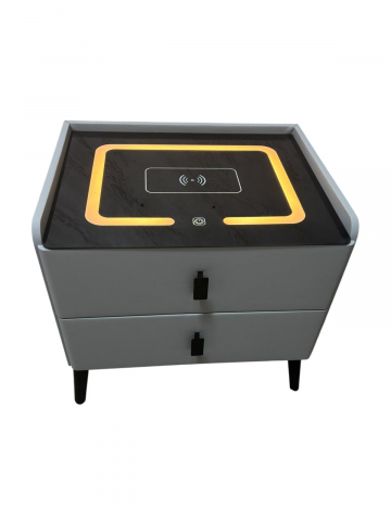 Noptieră smart cu încărcare wireless, porturi USB, blat din sticlă securizată și 2 sertare, tapițată cu piele ecologică, 50 x 40 x 40.5 cm, gri, AVI-5220 [2]