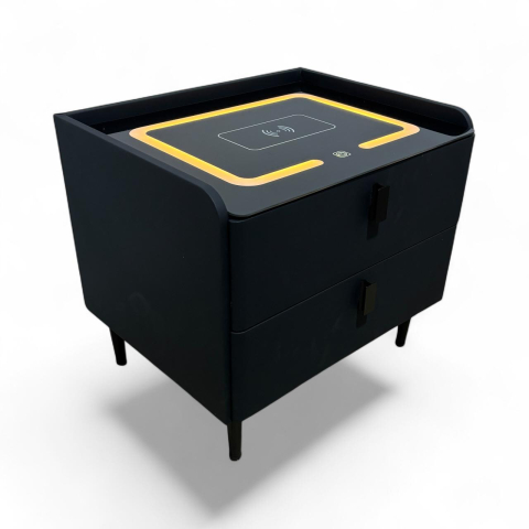 Noptieră smart cu încărcare wireless, porturi USB, blat din sticlă securizată și 2 sertare, tapițată cu piele ecologică, 50 x 40 x 40.5 cm, negru, AVI-5220 [1]