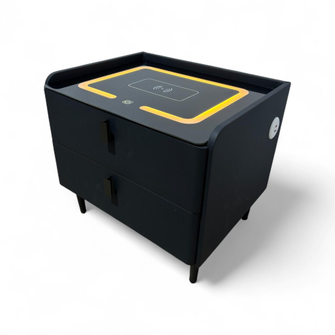 Noptiere - Noptieră smart cu încărcare wireless, porturi USB, blat din sticlă securizată și 2 sertare, tapițată cu piele ecologică, 50 x 40 x 40.5 cm, negru, AVI-5220