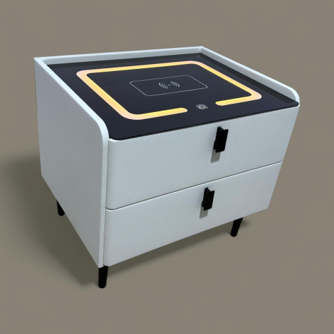 Noptieră smart cu încărcare wireless, porturi USB, blat din sticlă securizată și 2 sertare, tapițată cu piele ecologică, 50 x 40 x 40.5 cm, alb, AVI-5220 [1]