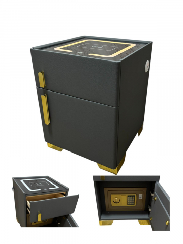 Noptiere - Noptieră smart cu încărcare wireless, seif cu cod PIN, porturi USB și blat din sticlă securizată iluminată LED, 40.5 x 41.5 x 52.5 cm, gri antracit AVI-5221