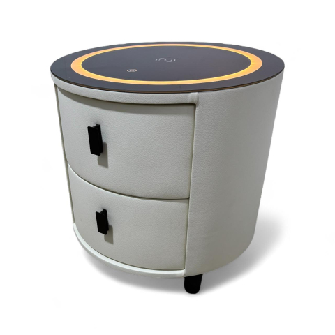 Noptiere - Noptieră smart rotundă cu două sertare, blat sticlă securizată cu încărcare wireless și iluminare ambientală, diametru 45.5 x înălțime 46.5 cm, AVI-5226A