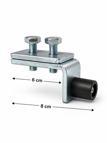 Opritor pentru porti suspendate si usi industriale, AVI®, tampon cauciuc Ø20 mm, placa tip L 58 x 40 x 35 mm, grosime 5 mm, 230 g, AVI-5381 [1]