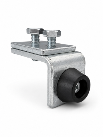 Kit-uri automatizari porti si usi garaj - Opritor pentru porți suspendate și uși industriale, AVI®, tampon cauciuc Ø30 mm, placă tip L 58 x 40 x 40 mm, grosime 5 mm, șurub M8, 240 g, AVI-5383