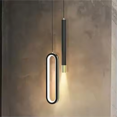 Lustre si pendule - Pachet 2 seturi x 2 pendule, oval 32cm, proiector 30 cm, negru cu detalii aurii, reglabile pe inaltime, AVI-4389