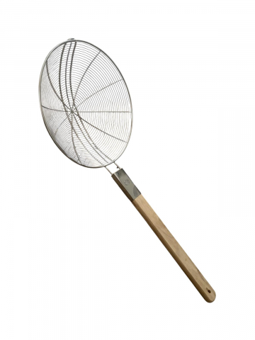 Polonice, linguri si clesti de bucatarie - Paletă de inox AVI® cu mâner din lemn, strecurătoare termorezistentă pentru gătit la ceaun, 66 cm, diametru 28cm, 350 g, AVI-5156