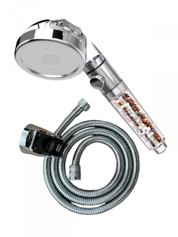 Coloane de dus si seturi de dus - Para cap de dus si furtun 1.5 metri, cu filtrare apa cu granule minerale, 3 moduri de curgere, buton Stop, AVI-4126