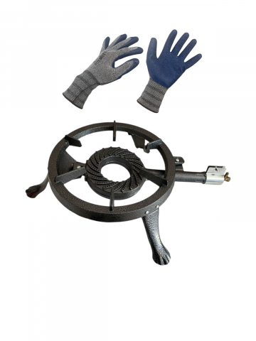 Arzatoare camping - Pachet pirostrie rotunda din fonta Ø33 cm cu arzator gaz si manusi de lucru 4757, AVI-1490