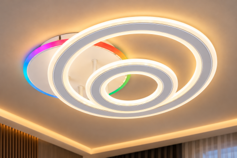 Casa - Plafoniera LED moderna AVI®, 2 inele, alba, 98W, 3 tipuri de lumina, RGB ambiental, telecomanda, suport Ø25 cm, AVI-5668