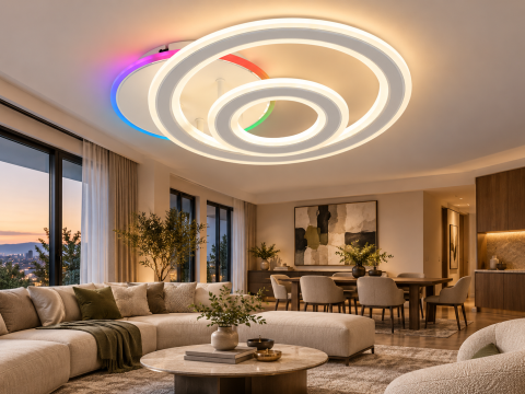 Plafoniera LED moderna AVI®, 2 inele, alba, 98W, 3 tipuri de lumina, RGB ambiental, telecomanda, suport Ø25 cm, AVI-5668 [1]