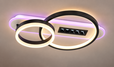 Plafoniera LED moderna AVI®, 2 inele Ø20/30 cm, alb-negru, 102W, 3 tipuri de lumina, RGB ambiental, telecomanda, 5 spoturi LED, AVI-5687 [8]