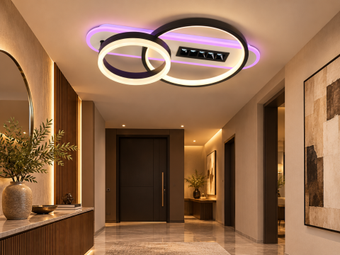 Plafoniera LED moderna AVI®, 2 inele Ø20/30 cm, alb-negru, 102W, 3 tipuri de lumina, RGB ambiental, telecomanda, 5 spoturi LED, AVI-5687 [4]