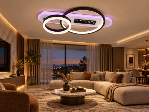 Plafoniera LED moderna AVI®, 2 inele Ø20/30 cm, alb-negru, 102W, 3 tipuri de lumina, RGB ambiental, telecomanda, 5 spoturi LED, AVI-5687 [7]