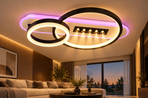 Plafoniera LED moderna AVI®, 2 inele Ø20/30 cm, alb-negru, 102W, 3 tipuri de lumina, RGB ambiental, telecomanda, 5 spoturi LED, AVI-5687 [2]