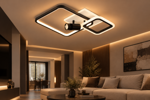 Plafoniera LED moderna AVI®, 2 rame patrate 25/35 cm, alb-negru, 114W, 3 tipuri de lumina, RGB ambiental, telecomanda, proiector negru, AVI-5689 [2]
