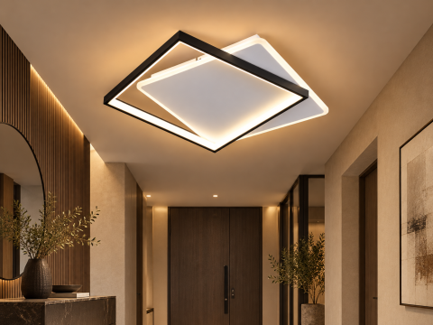 Plafoniera LED moderna AVI®, 2 rame patrate luminoase, alb-negru, 92W, 3 tipuri de lumina, telecomanda, latura 35 cm, AVI-5681 [1]