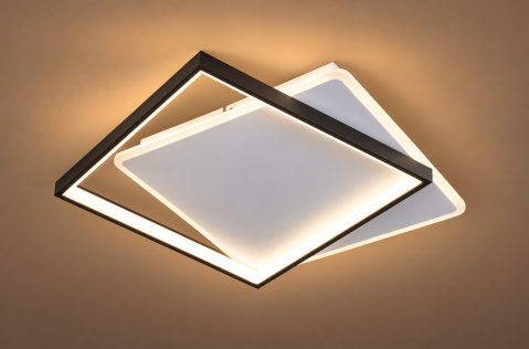 Casa - Plafoniera LED moderna AVI®, 2 rame patrate luminoase, alb-negru, 92W, 3 tipuri de lumina, telecomanda, latura 35 cm, AVI-5681
