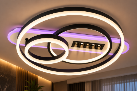 Plafoniera LED moderna AVI®, 3 inele Ø20/30/50 cm, alb-negru, 162W, 3 tipuri de lumina, RGB ambiental, telecomanda, 5 spoturi LED, AVI-5688 [2]