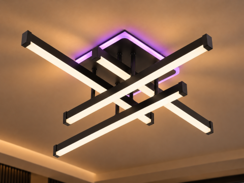 Casa - Plafoniera LED moderna AVI®, 4 brate de 50 cm, neagra, 108W, 3 tipuri de lumina, RGB ambiental, telecomanda, AVI-5678