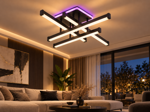 Plafoniera LED moderna AVI®, 4 brate de 50 cm, neagra, 108W, 3 tipuri de lumina, RGB ambiental, telecomanda, AVI-5678 [1]