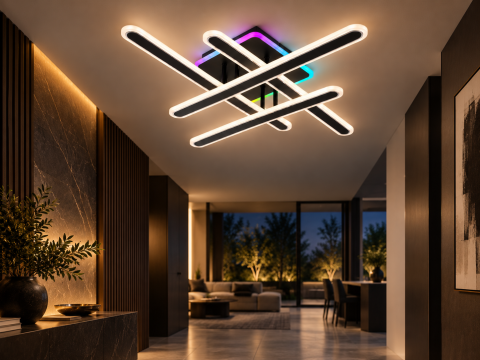 Plafoniera LED moderna AVI®, 4 brate de 60 cm, 146W, 3 tipuri de lumina, RGB ambiental, telecomanda, suport 24 x 24 cm, AVI-5665 [1]