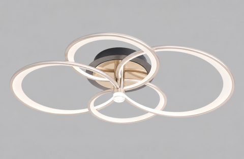 Casa - Plafoniera LED moderna AVI®, 4 inele spiralate Ø30/40 cm, argintiu perlat cu tenta auriu pal, 160W, 3 tipuri de lumina, telecomanda, proiector integrat, AVI-5691