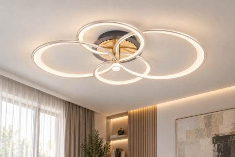Plafoniera LED moderna AVI®, 4 inele spiralate Ø30/40 cm, argintiu perlat cu tenta auriu pal, 160W, 3 tipuri de lumina, telecomanda, proiector integrat, AVI-5691 [3]