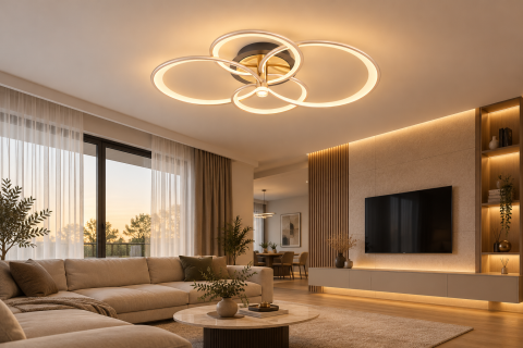 Plafoniera LED moderna AVI®, 4 inele spiralate Ø30/40 cm, argintiu perlat cu tenta auriu pal, 160W, 3 tipuri de lumina, telecomanda, proiector integrat, AVI-5691 [1]