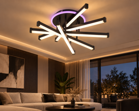 Plafoniera LED moderna AVI®, 5 brate de 50 cm, neagra, 122W, 3 tipuri de lumina, RGB ambiental, telecomanda, AVI-5677 [1]