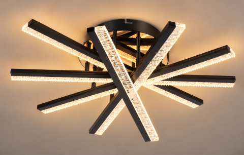 Casa - Plafoniera LED moderna AVI®, 5 brate de 60 cm, neagra, 120W, 3 tipuri de lumina, telecomanda, decor acrilic, suport cu detalii aurii, AVI-5675