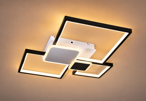 Casa - Plafoniera LED moderna AVI®, 5 corpuri patrate, alb + negru, 152W, 3 tipuri de lumina, telecomanda, AVI-5684