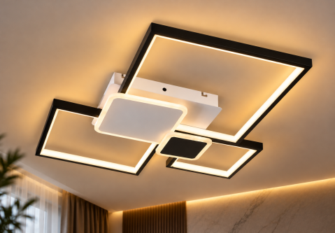 Plafoniera LED moderna AVI®, 5 corpuri patrate, alb + negru, 152W, 3 tipuri de lumina, telecomanda, AVI-5684 [1]