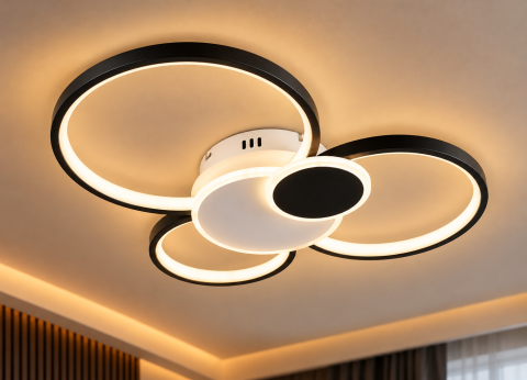 Casa - Plafoniera LED moderna AVI®, 5 inele luminoase, alb-negru, 116W, 3 tipuri de lumina, telecomanda, AVI-5683