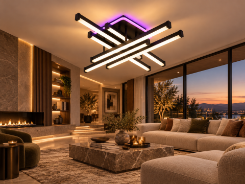 Plafoniera LED moderna AVI®, 6 brate de 50 cm, neagra, 148W, 3 tipuri de lumina, RGB ambiental, telecomanda, AVI-5679 [2]
