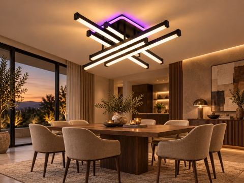 Plafoniera LED moderna AVI®, 6 brate de 50 cm, neagra, 148W, 3 tipuri de lumina, RGB ambiental, telecomanda, AVI-5679 [1]