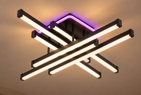 Casa - Plafoniera LED moderna AVI®, 6 brate de 50 cm, neagra, 148W, 3 tipuri de lumina, RGB ambiental, telecomanda, AVI-5679