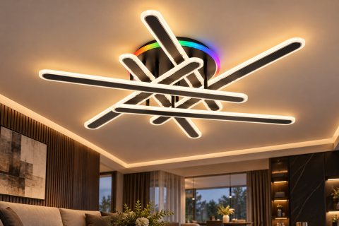 Plafoniera LED moderna AVI®, 6 brate de 60 cm, 210W, 3 tipuri de lumina, RGB ambiental, telecomanda, suport Ø30 cm, AVI-5666 [1]