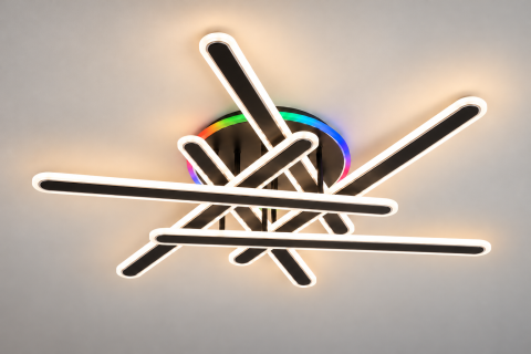Lustre si pendule - Plafoniera LED moderna AVI®, 6 brate de 60 cm, 210W, 3 tipuri de lumina, RGB ambiental, telecomanda, suport Ø30 cm, AVI-5666